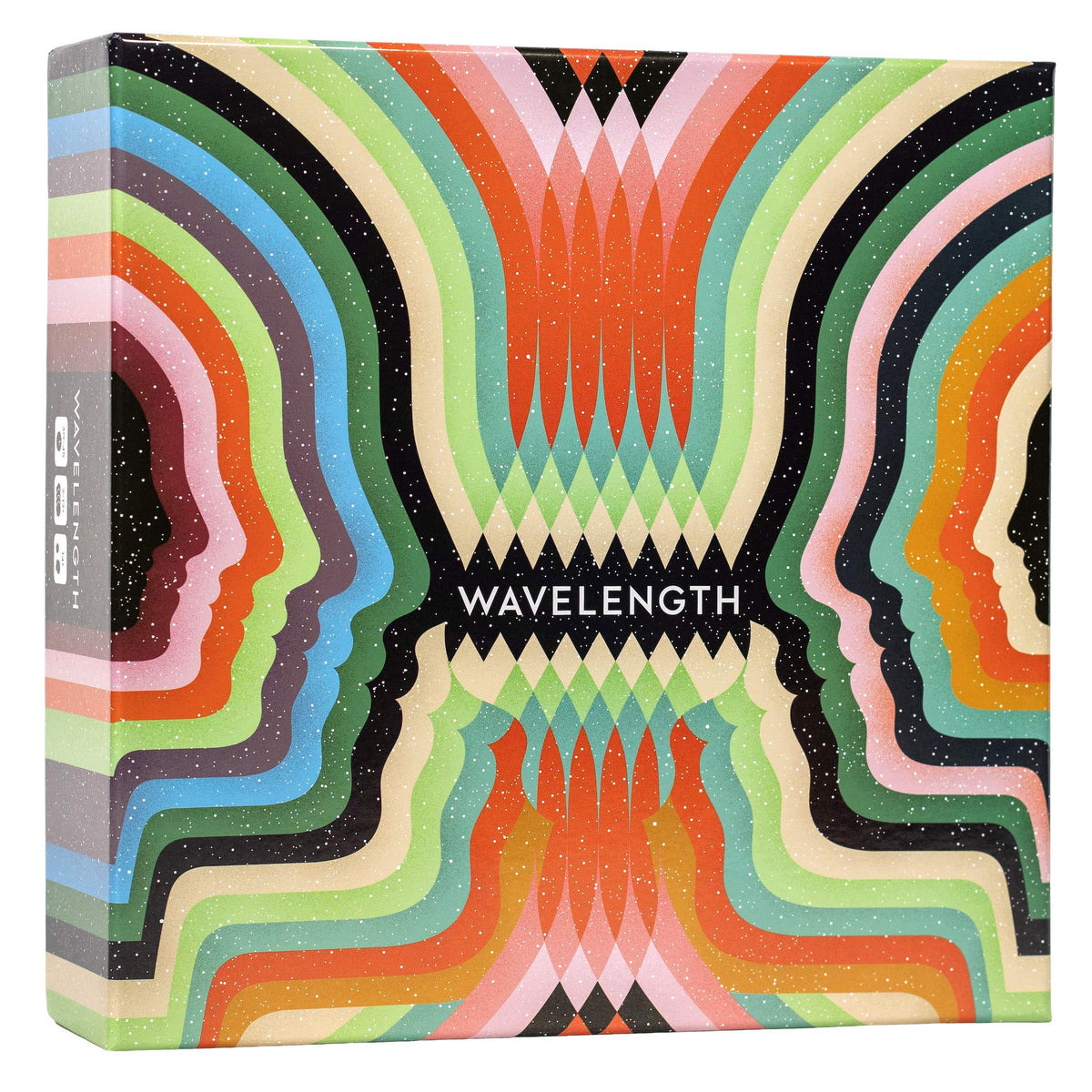 CMYK Wavelength game box front invites groups to a mind-reading party experience for lively gatherings.