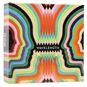 CMYK Wavelength game box front invites groups to a mind-reading party experience for lively gatherings.