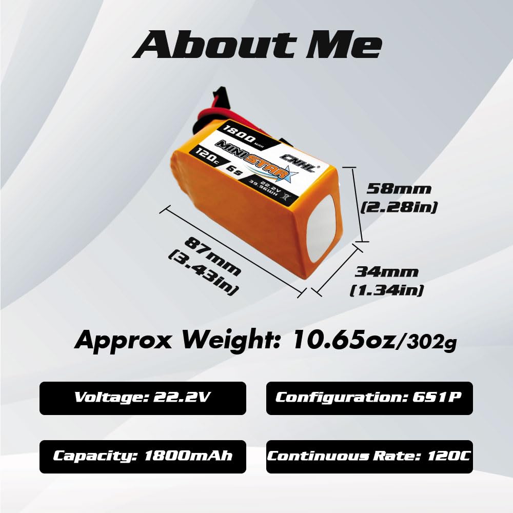 CNHL 22.2V 6S LiPo with dimensions and weight shown for fit.