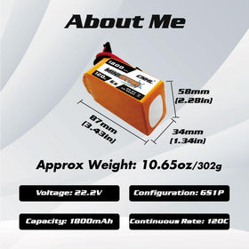 CNHL 22.2V 6S LiPo with dimensions and weight shown for fit.