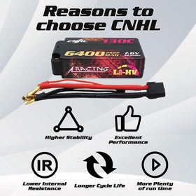 CNHL 6400mAh 2S Lipo dimensions show a slim, compact pack
