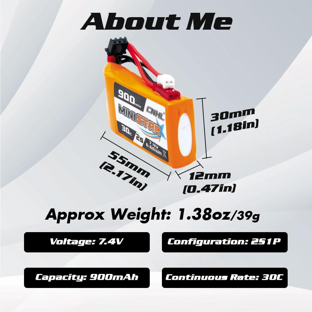CNHL 900mAh 2S battery side profile highlights slim form for tight RC chassis.