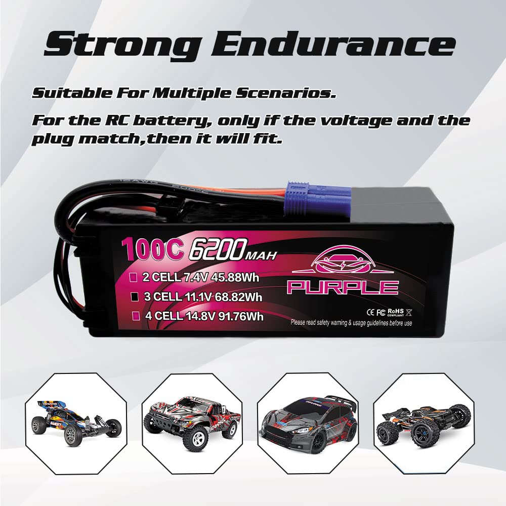 CNHL Purple Series 6200mAh battery compact dimensions fit 1/8 and 1/10 RC models.