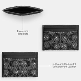 COACH Crystal Signature Jacquard card case close-up reveals durable glovetanned leather.