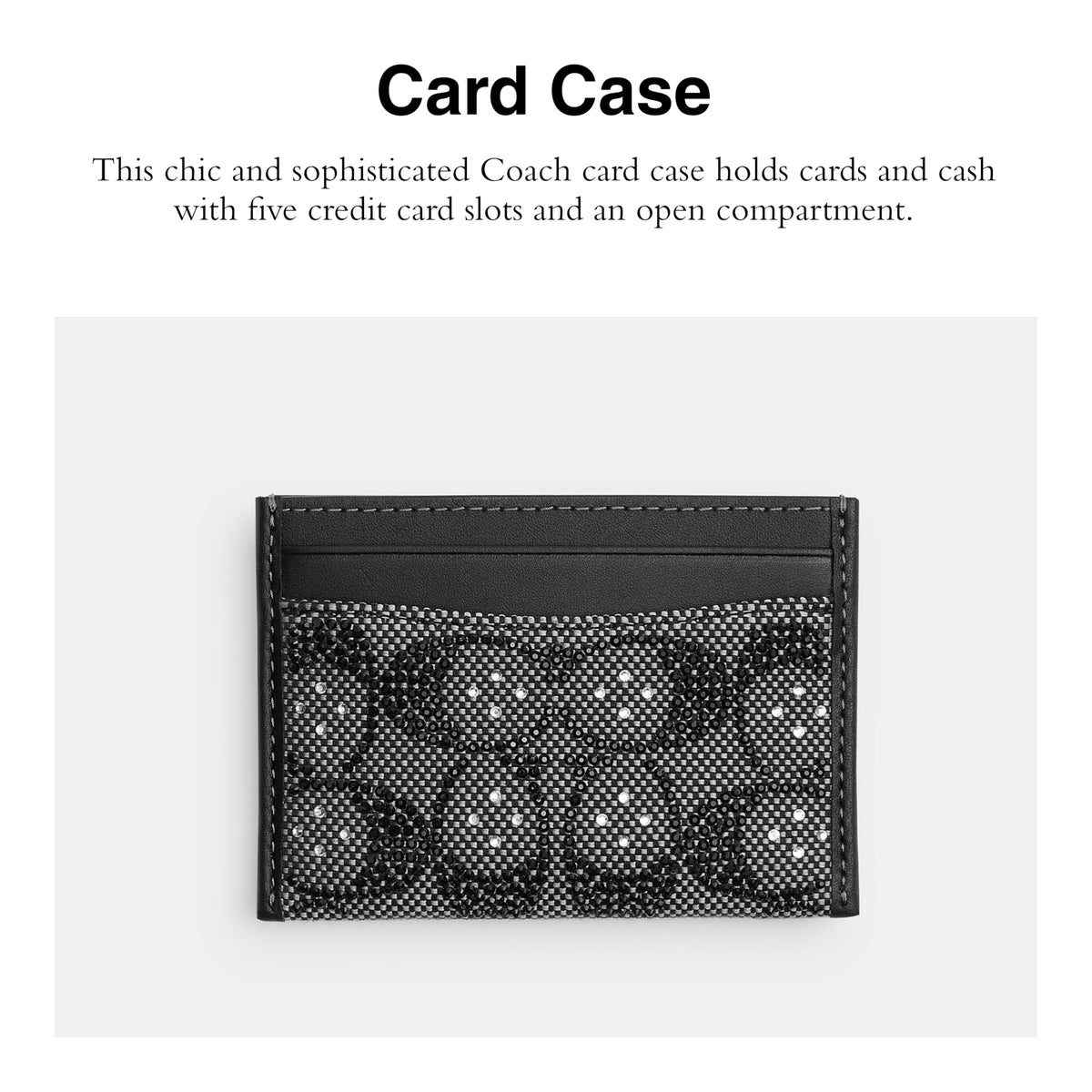 COACH Crystal Signature Jacquard card case side profile shows slim silhouette.