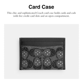 COACH Crystal Signature Jacquard card case side profile shows slim silhouette.
