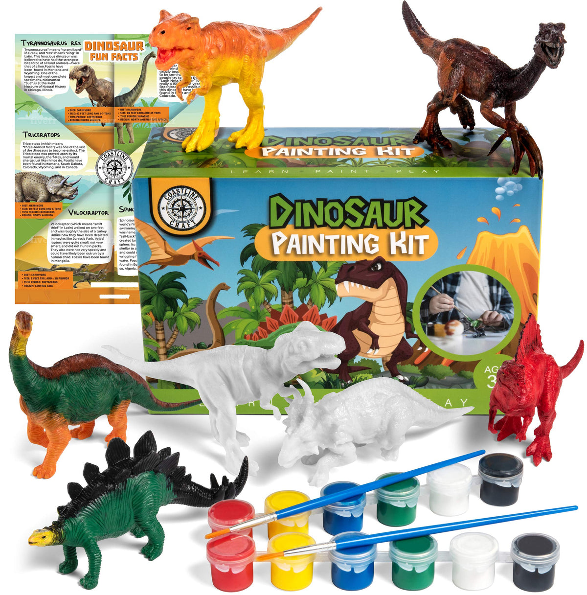 COASTLINE CRAFT dinosaur painting kit with two T-Rex figures for screen-free fun.