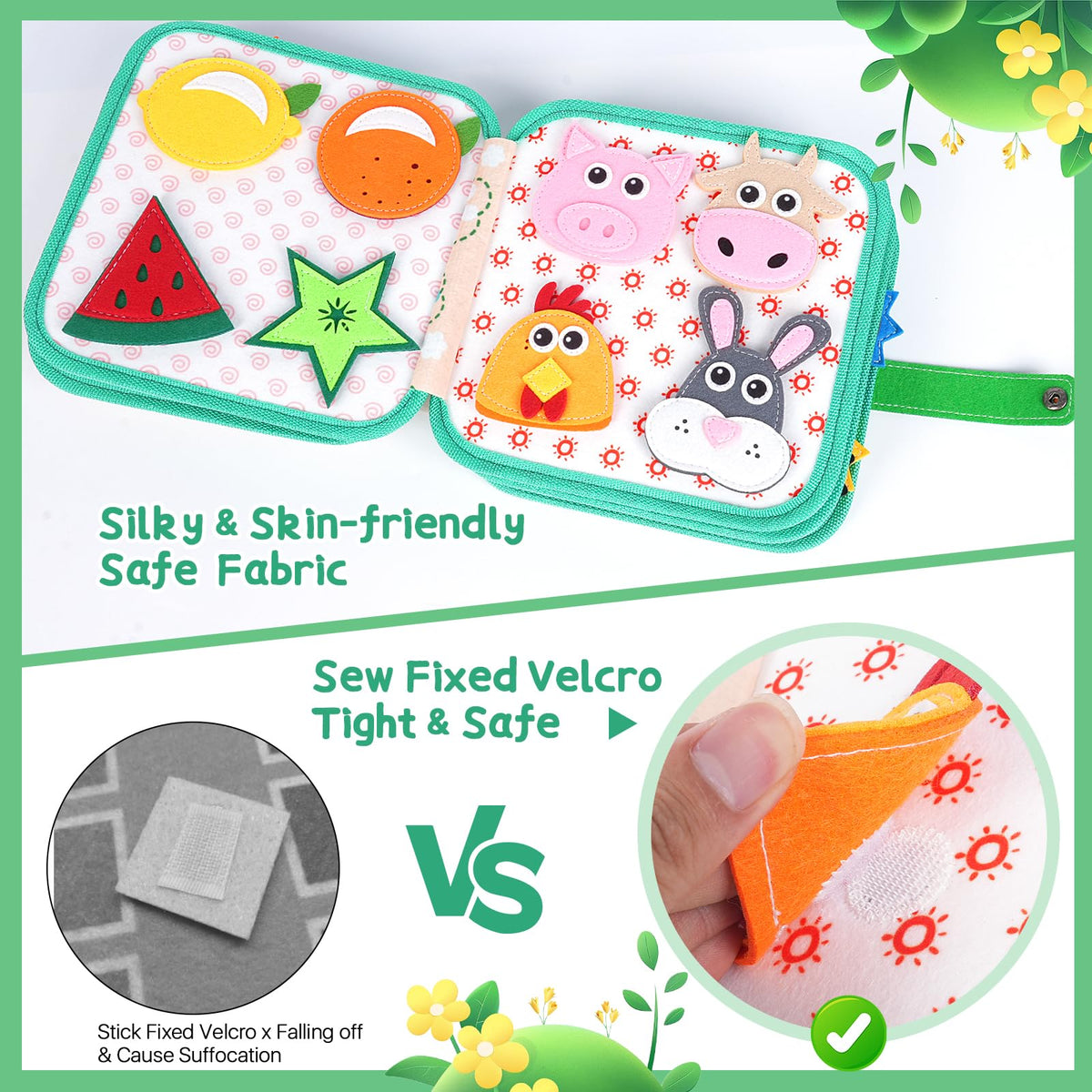 Cobelae Busy Book colorful pages teach colors, numbers, and shapes through hands-on play.