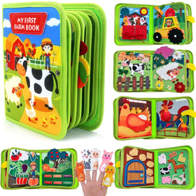 Cobelae Busy Book farm animals page promotes sensory play and fine motor skills.