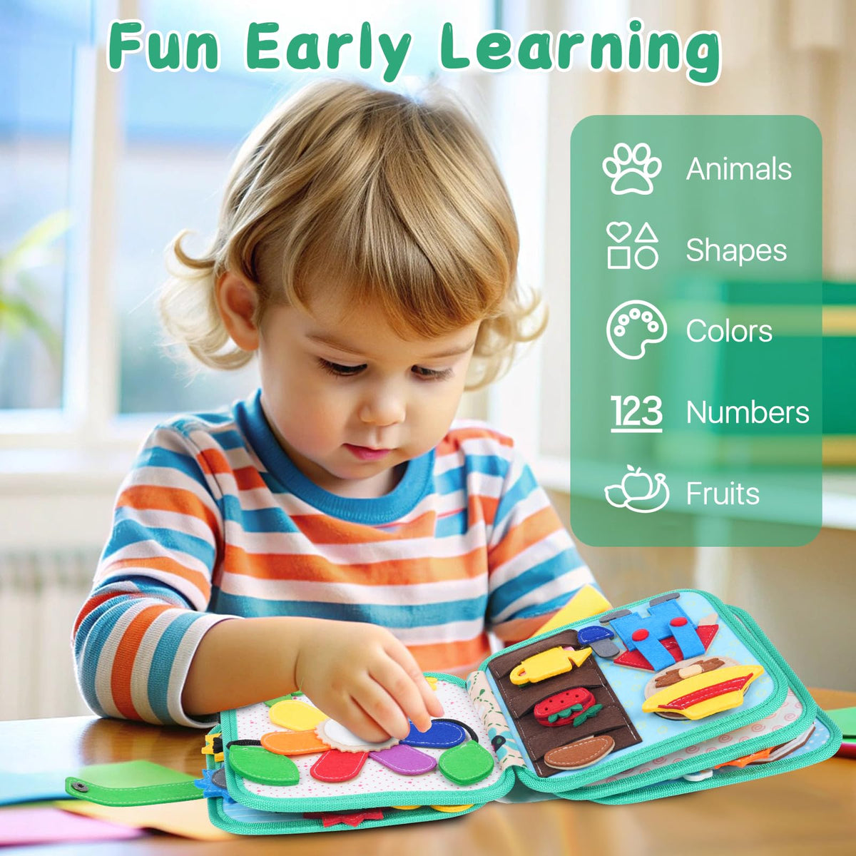 Cobelae Busy Book spinning windmills promote problem-solving on the go.