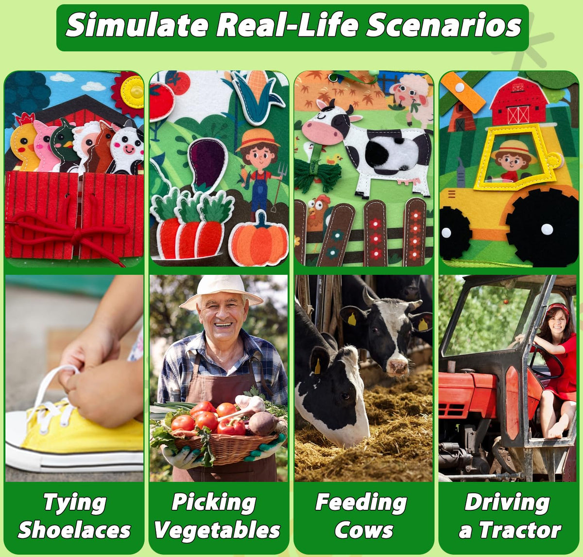 Cobelae Busy Book tractor page encourages pretend play on the farm.