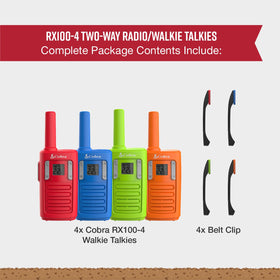 Cobra RX100 compact walkie talkies with belt clips for hands-free travel.