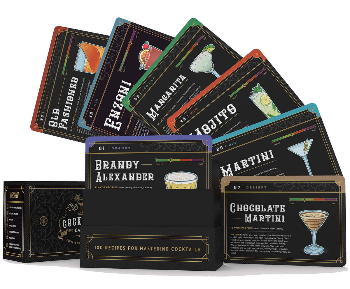 Cocktail Cards box overview showing 103 flashcards for home bartenders