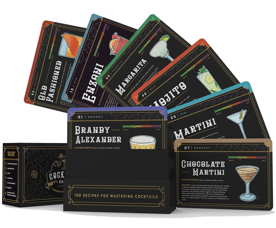 Cocktail Cards box overview showing 103 flashcards for home bartenders