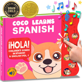 Coco Learns Spanish Volume 1 cover introduces joyful bilingual learning for babies.