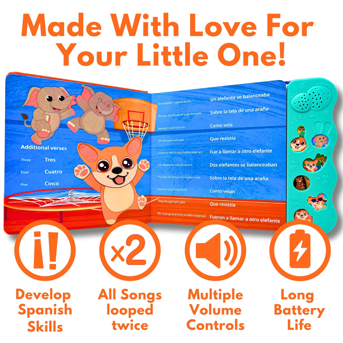 Coco Learns Spanish Vol. 2 musical songs engage toddlers during playtime.
