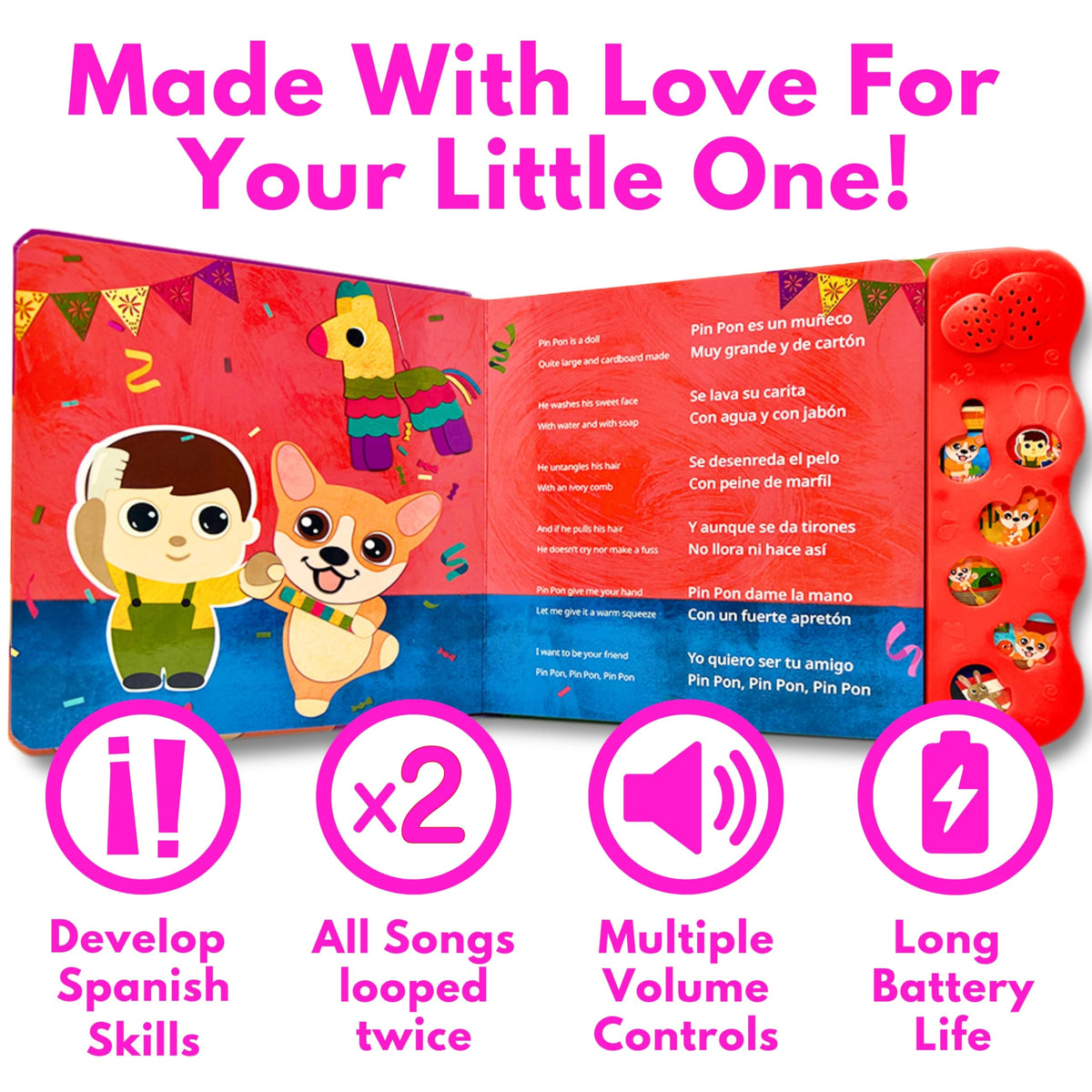 Coco Learns Spanish volume control and mute button enable quiet, focused listening sessions.
