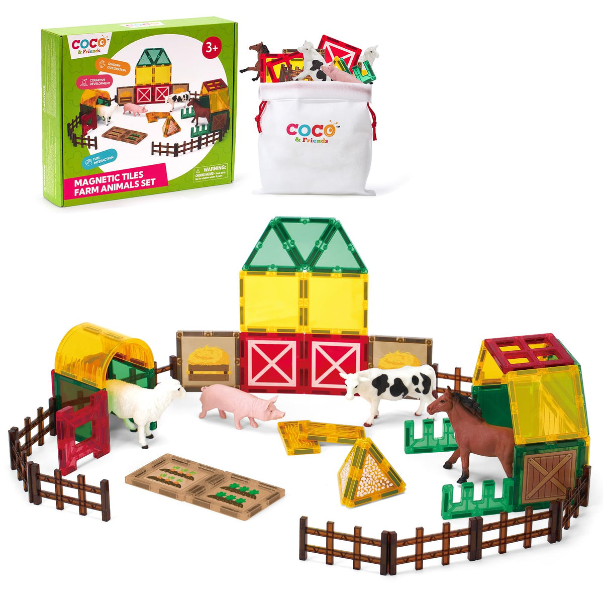 COCO&Friends magnetic tiles with farm animals promote imaginative play and fine motor skills.