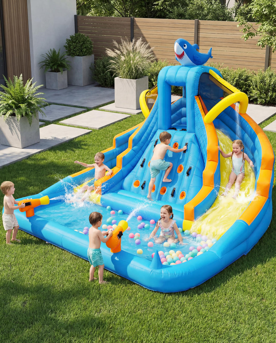 COCOFISH Kids bounce house with 13ft dual slides, ideal for backyard fun and safe play.