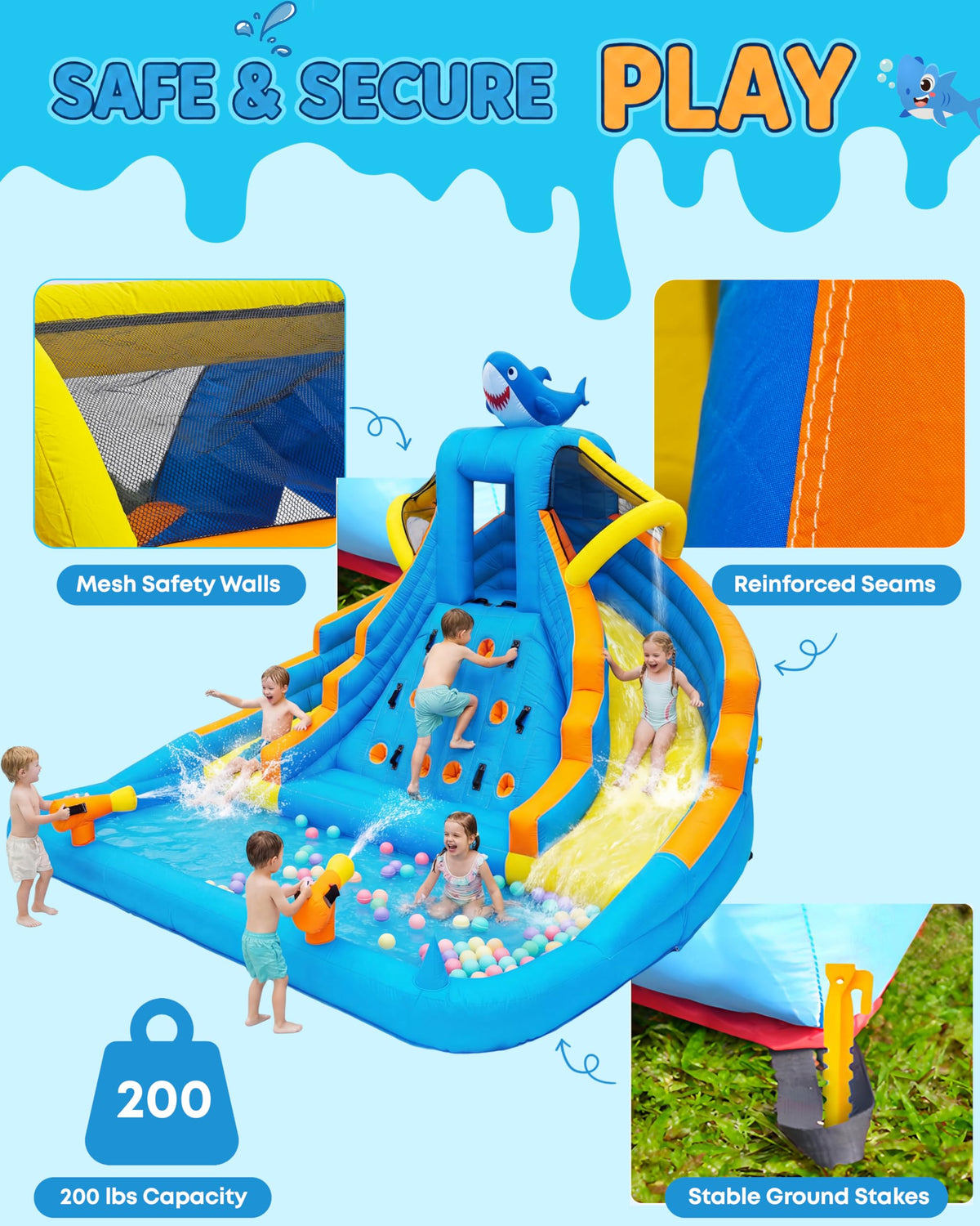 COCOFISH Kids bounce house 680W blower, quick setup in minutes.
