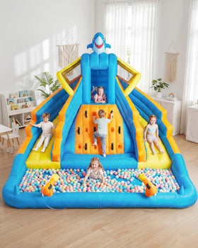 COCOFISH Kids bounce house with climbing-wall, encouraging active outdoor play.