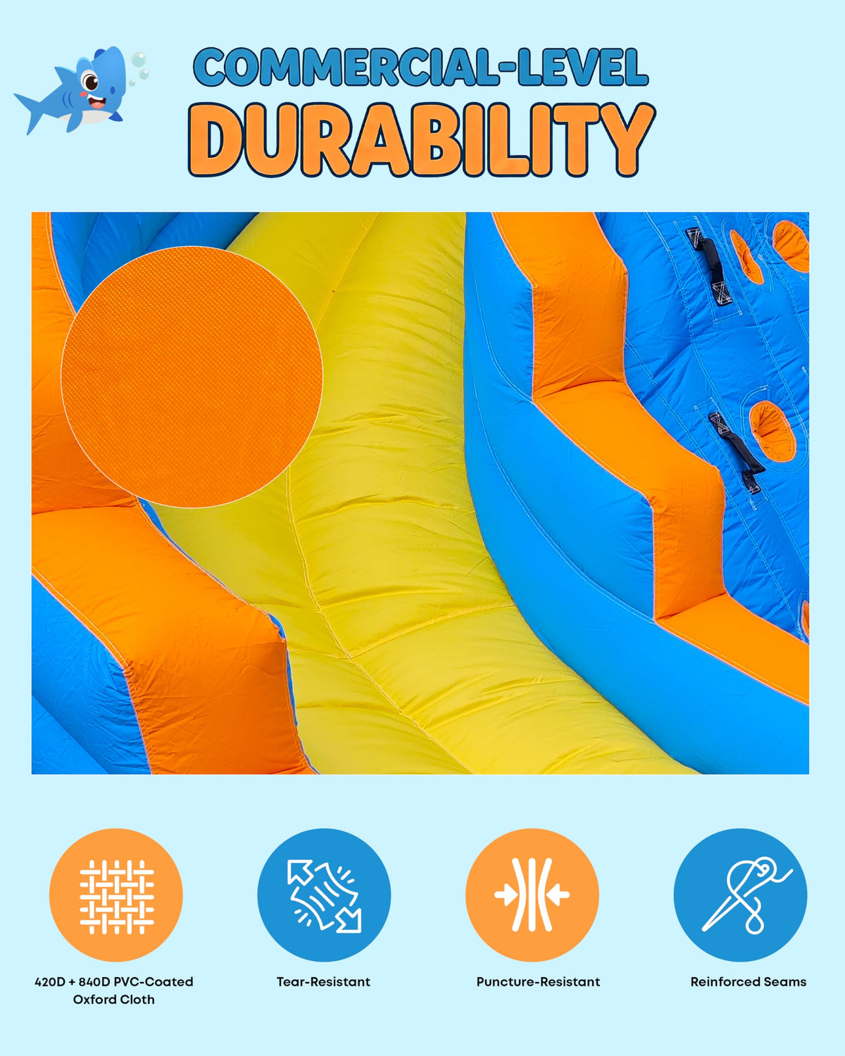 COCOFISH Durable bounce house made with 420D + 840D Oxford cloth, long-lasting play.