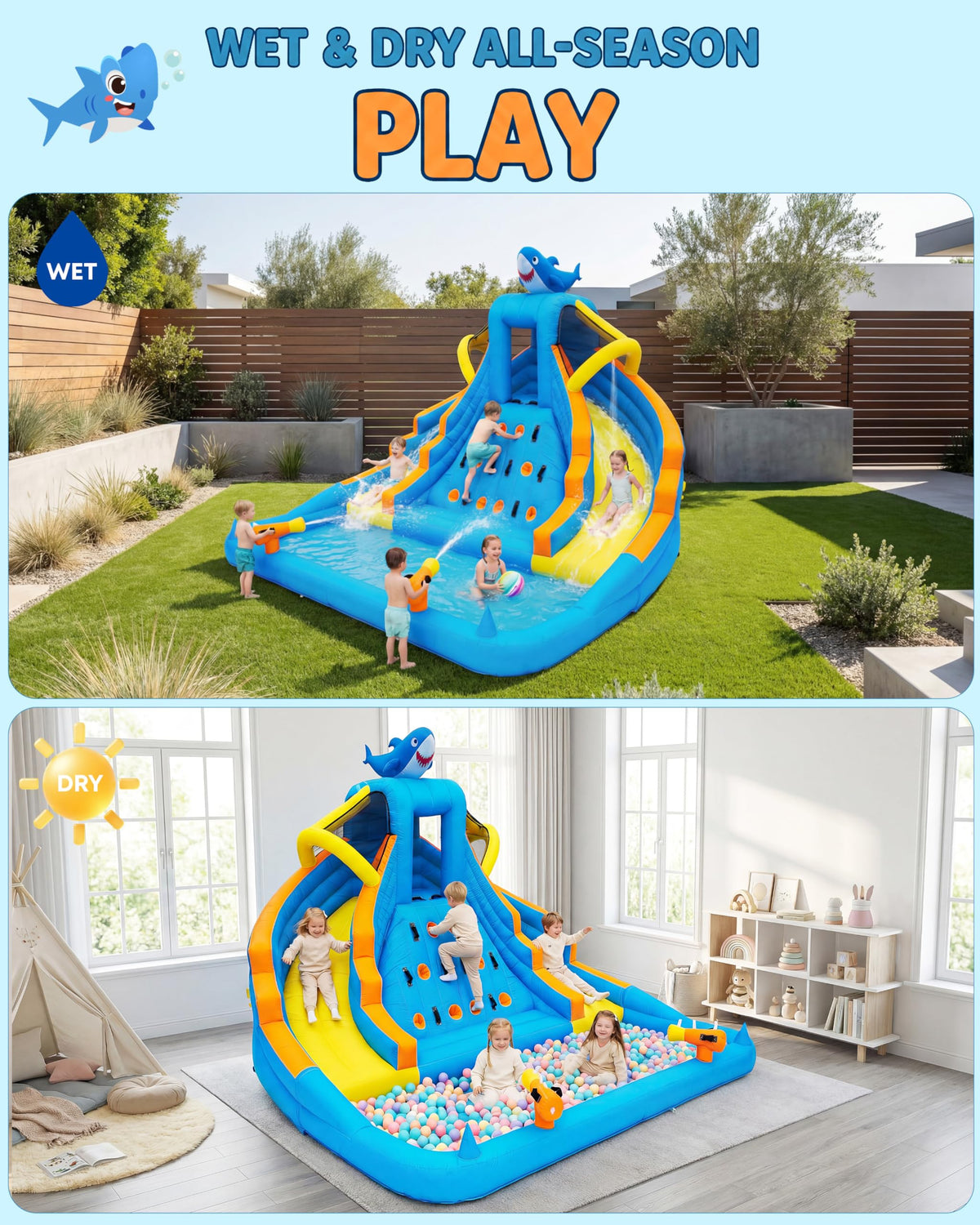 COCOFISH Bounce house with water cannons, adds interactive splash battles.