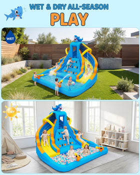 COCOFISH Bounce house with water cannons, adds interactive splash battles.