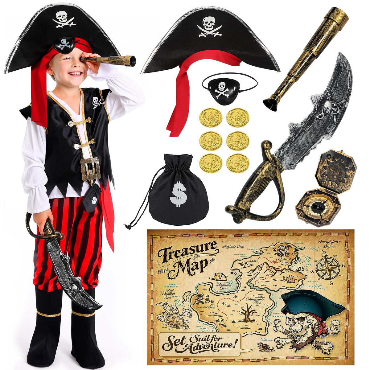 Cocojeci pirate costume kit shown as full outfit for kids' role-play adventures