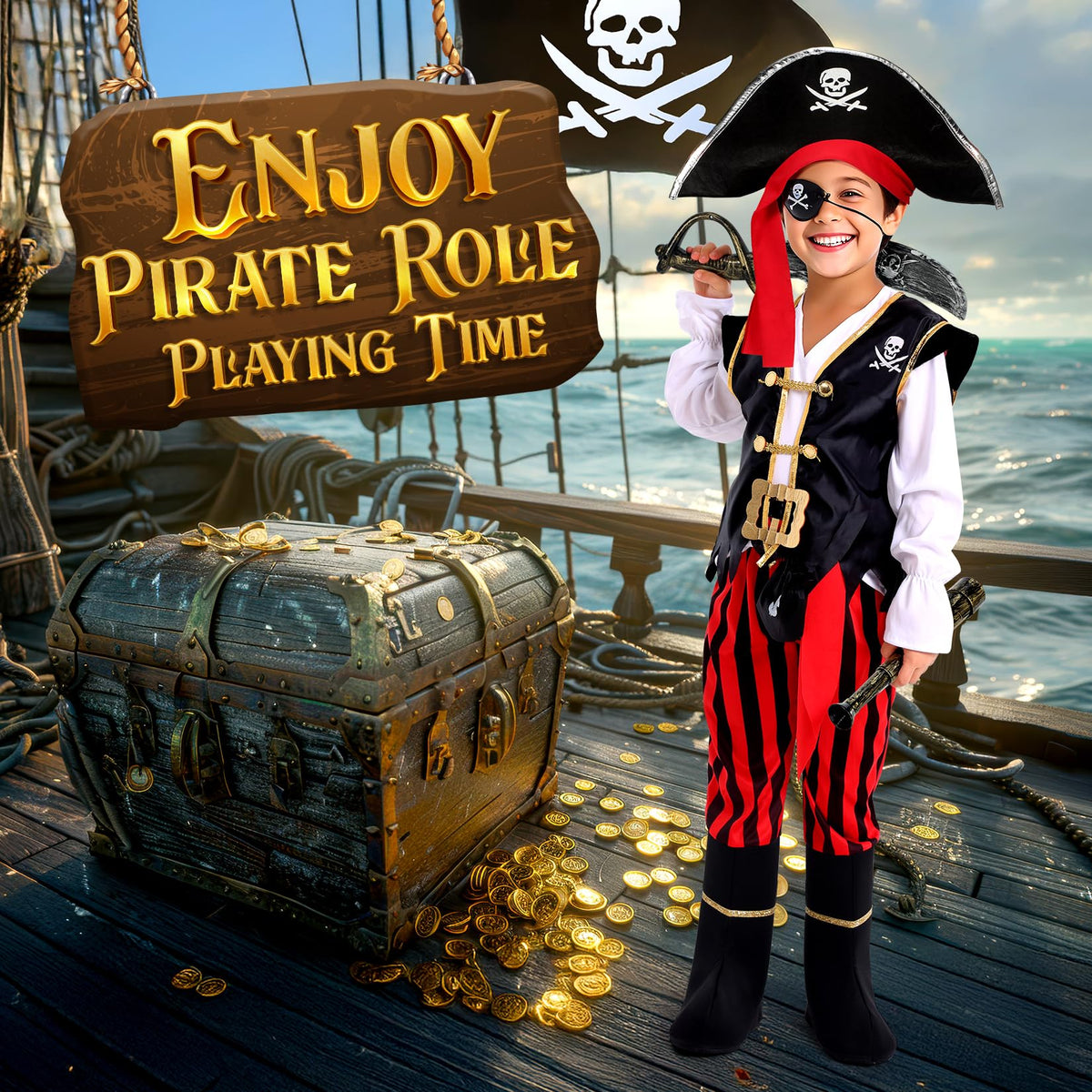 Cocojeci pirate costume vest with gold trim, secure and comfortable for kids.