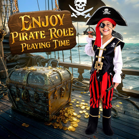 Cocojeci pirate costume vest with gold trim, secure and comfortable for kids.