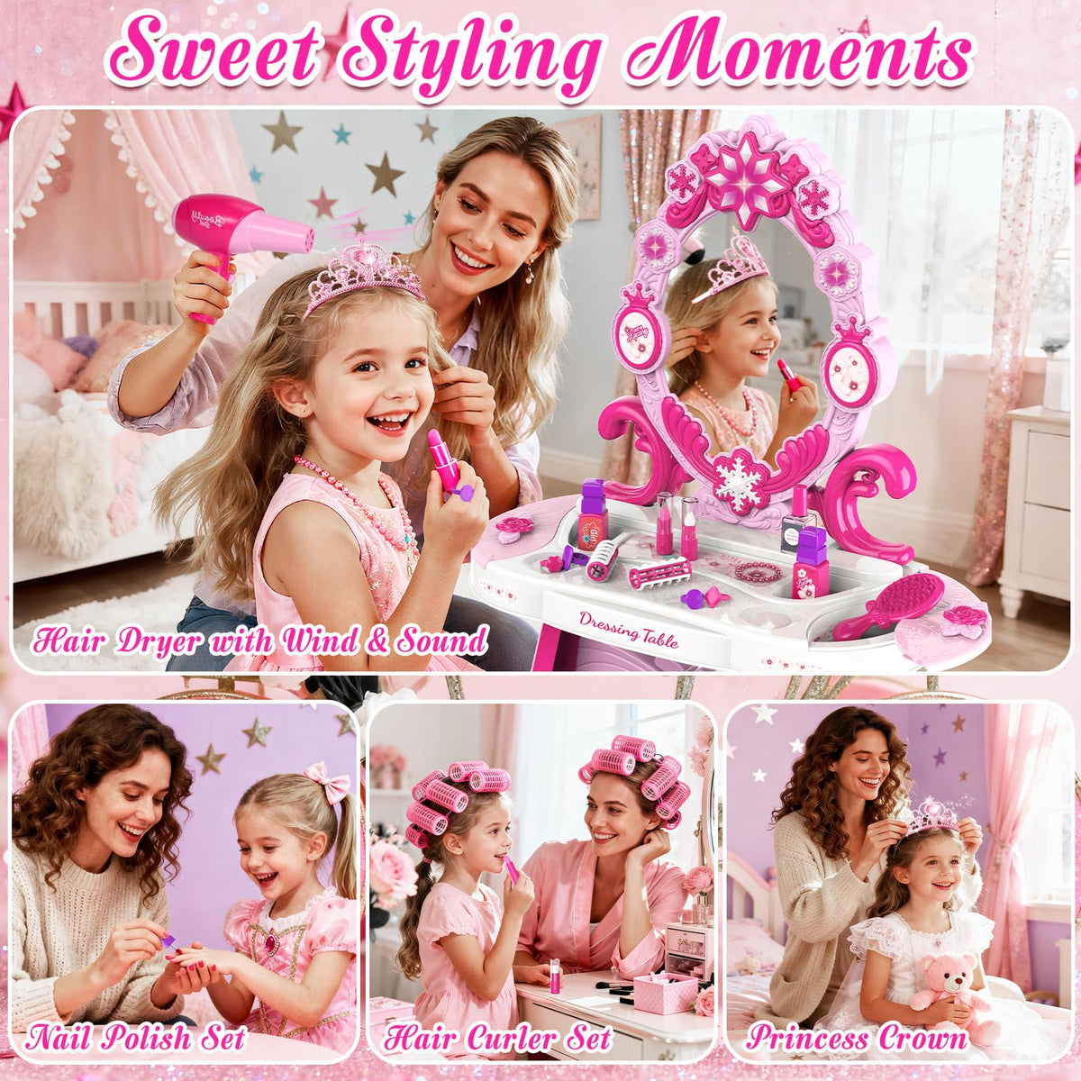 Cocojeci pretend blow dryer adds realistic drying sound for interactive styling play.