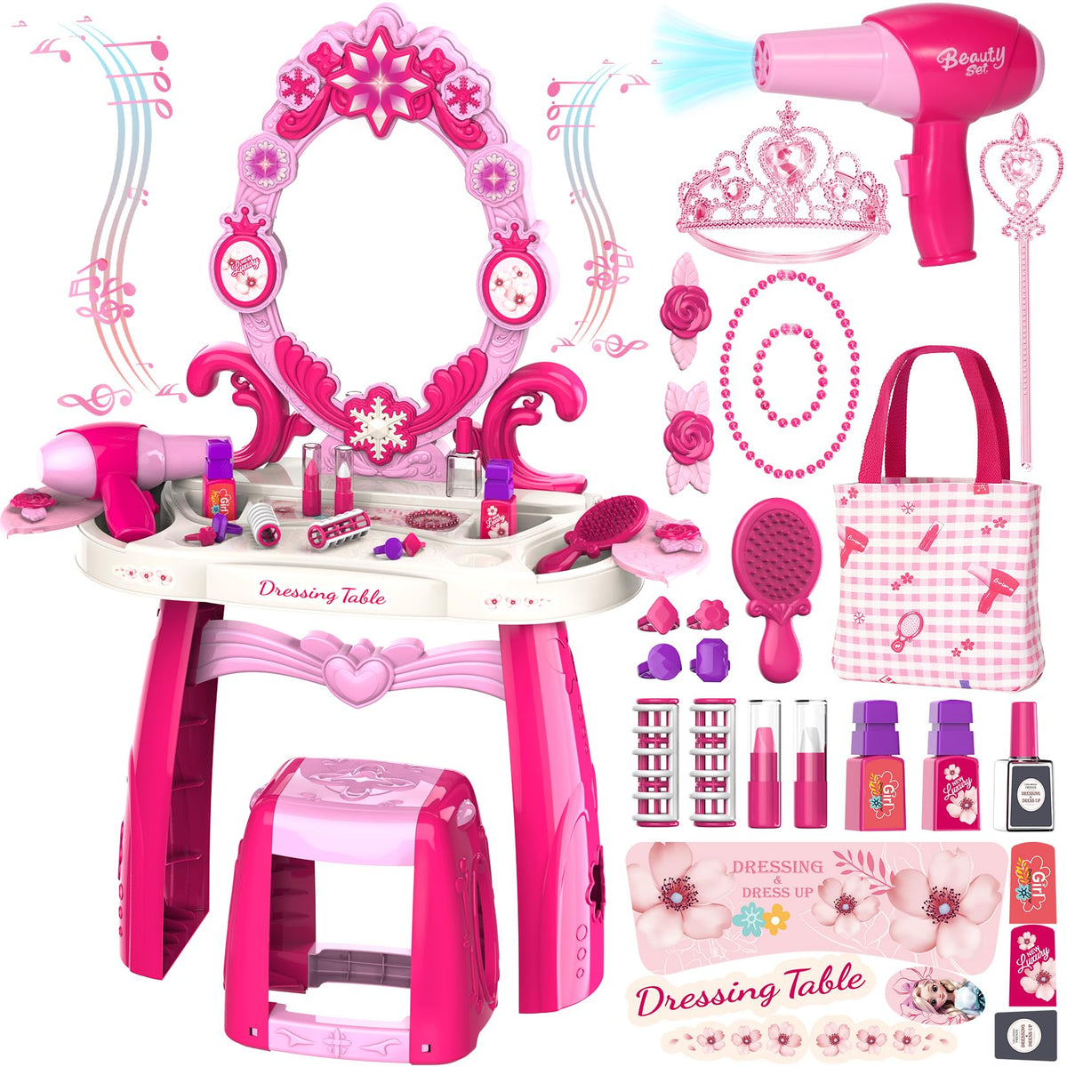 Cocojeci toddler vanity table mirror with lights for imaginative play and grooming routines.