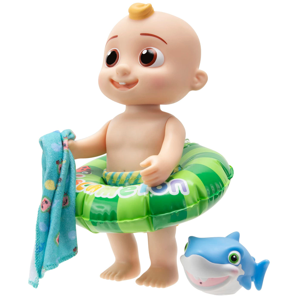 CoComelon JJ in removable swim trunks with towel for quick drying.