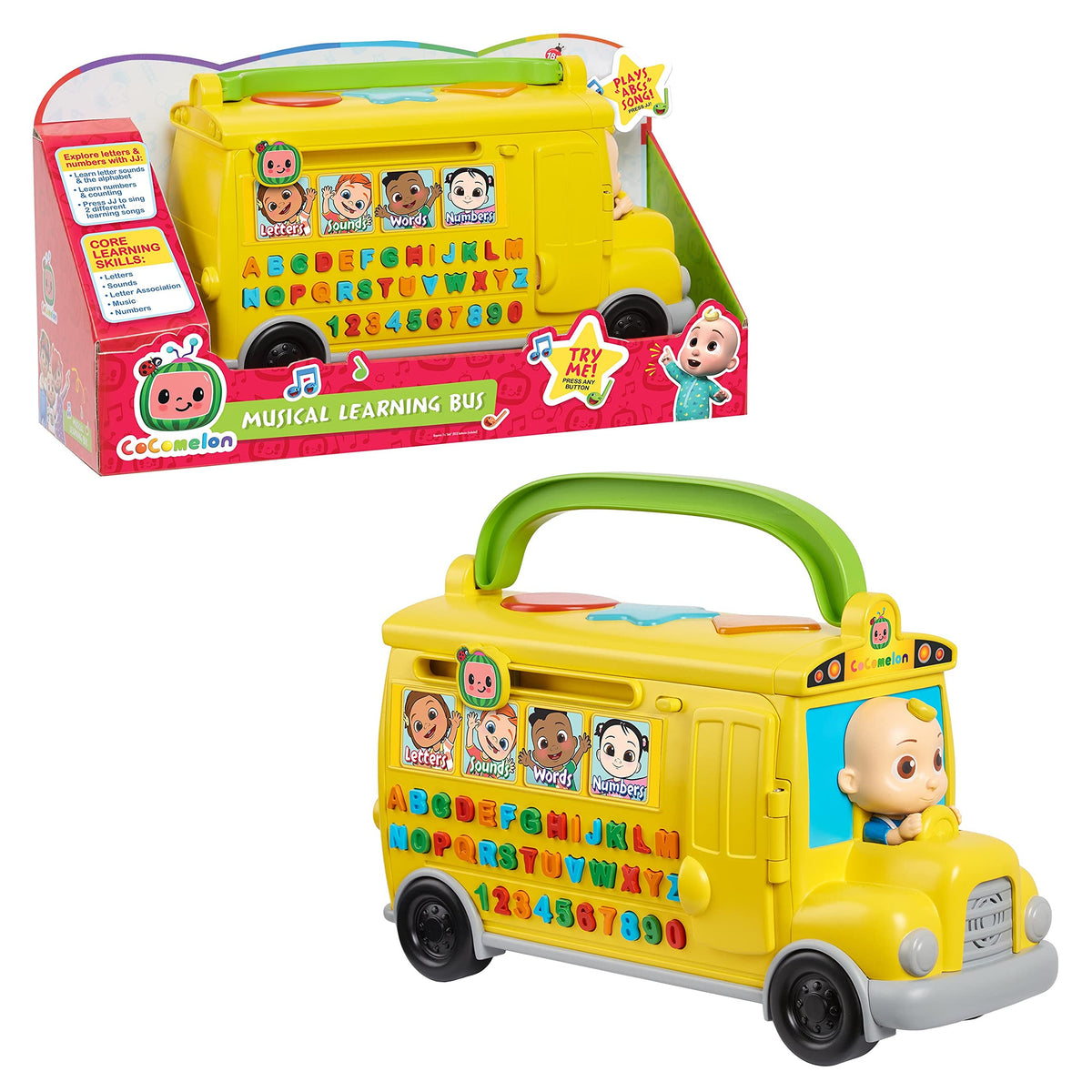 CoComelon Musical Learning Bus front view with JJ engaging toddlers in a learning ride
