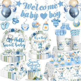 Cocomigo 213-piece blue baby boy shower set with complete decorations for quick setup