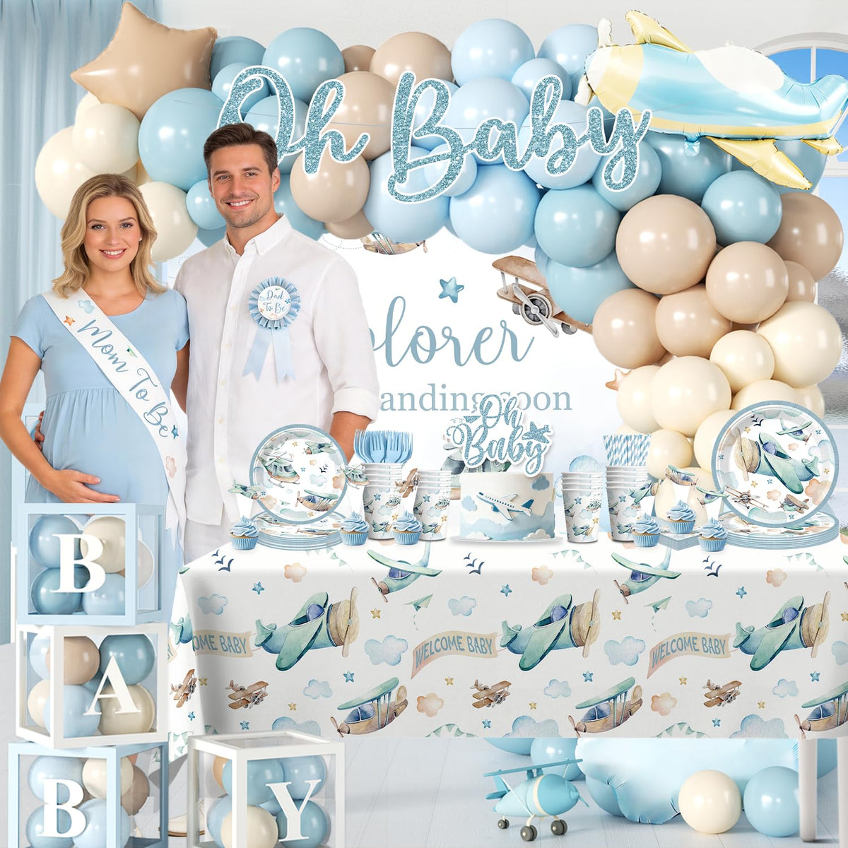 Cocomigo balloon decorations brighten the party with sky-blue accents.