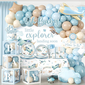 Cocomigo airplane banner elevates the baby shower with a cohesive blue theme.