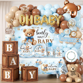 Cocomigo blue bear backdrop enhances the baby shower photo area