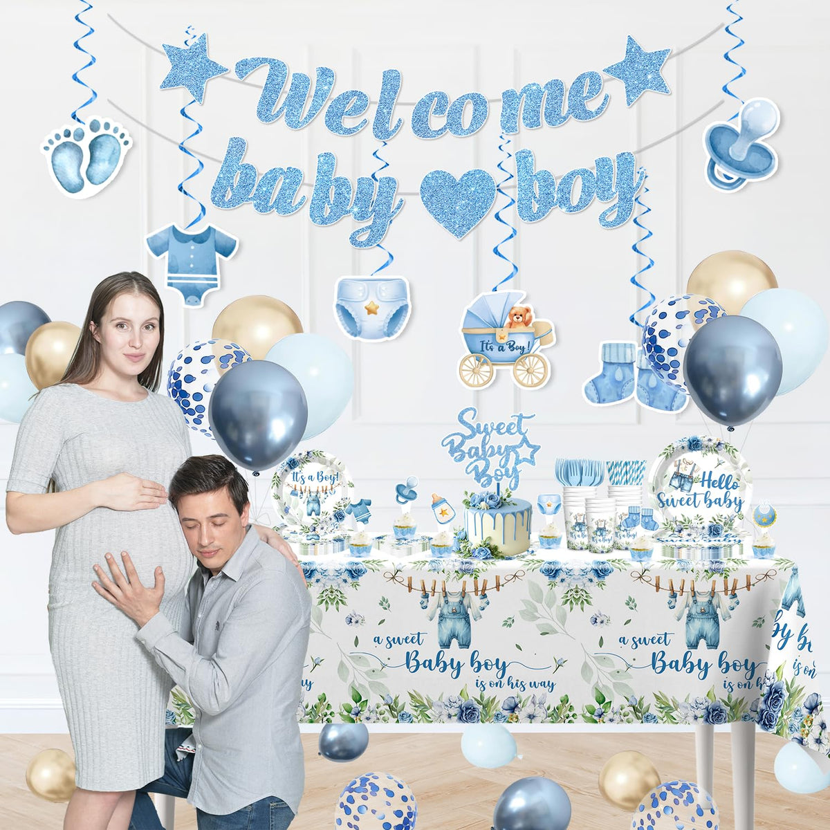 Cocomigo blue tablecloth balloons and swirls kit for fast styling