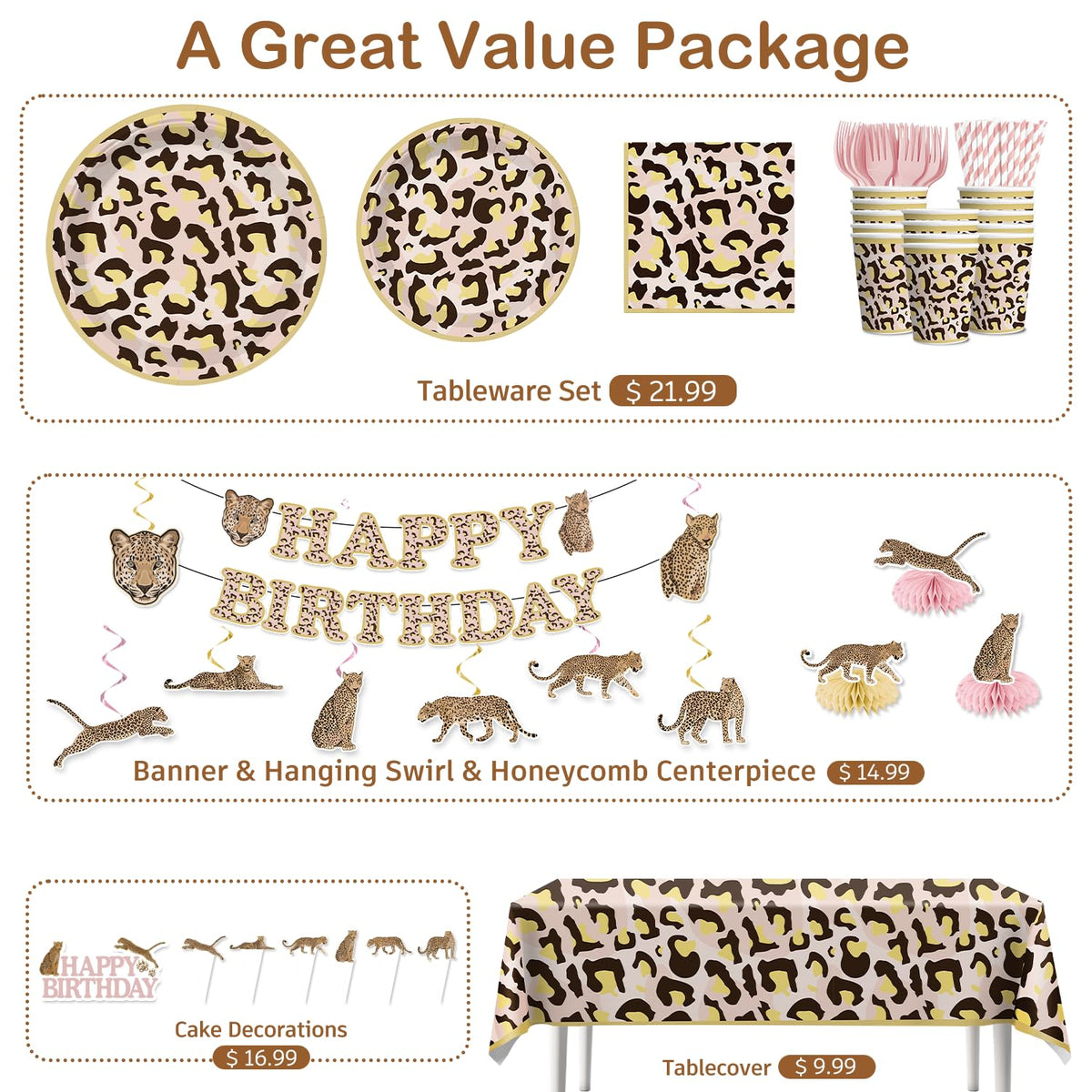 Cocomigo cheetah honeycomb centerpieces add depth for tables and photos.