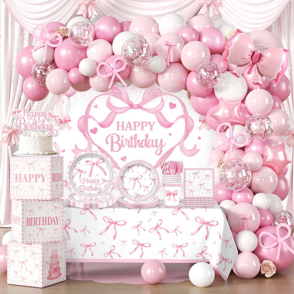 Cocomigo Coquette bow birthday arch overview for a stylish party backdrop.