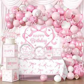 Cocomigo Coquette bow birthday arch overview for a stylish party backdrop.