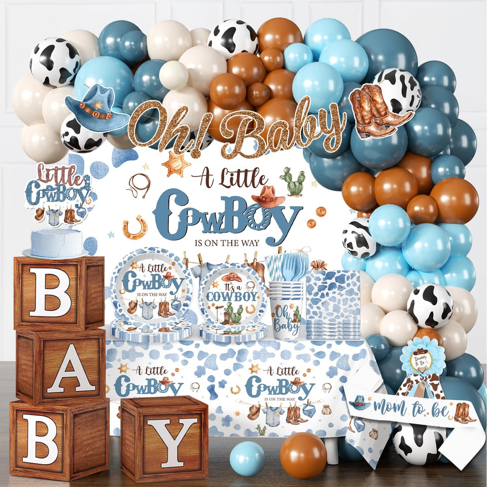 Cocomigo cowboy baby shower banner adds rustic charm to the party entrance.