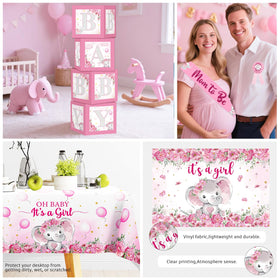 Cocomigo elephant baby shower backdrop serves as a central focal point for guests.