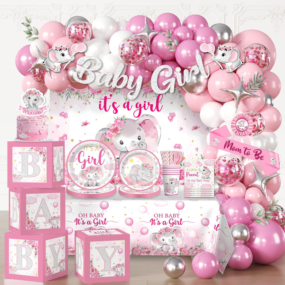 Cocomigo elephant baby shower banner decor creates a festive photo backdrop.