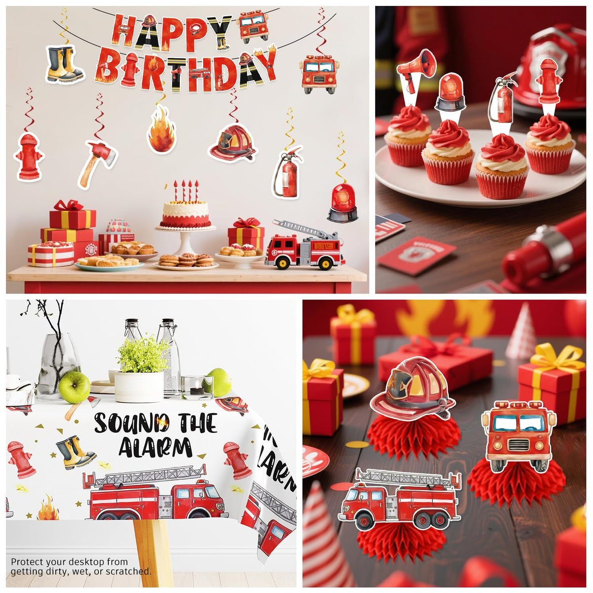 Cocomigo firetruck balloons create a celebratory focal point.