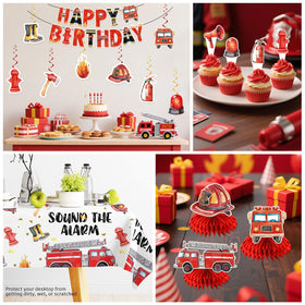 Cocomigo firetruck balloons create a celebratory focal point.