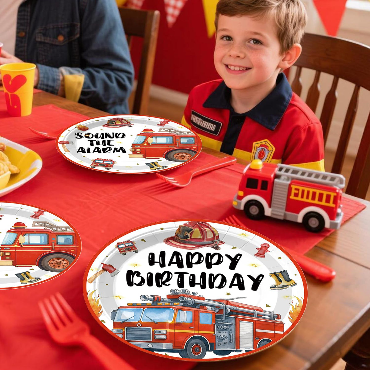Cocomigo firetruck napkins add color and quick clean-up.