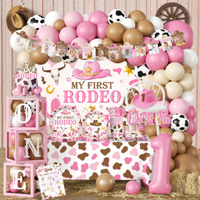 Cocomigo My First Rodeo balloon garland creates a festive centerpiece for a baby girl party